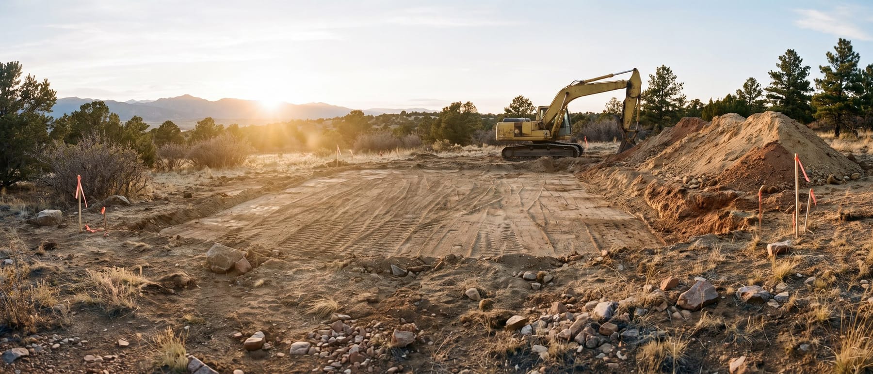 A freshly graded building pad on the Colorado Front Range at the end of the day, with an excavator parked at the edge