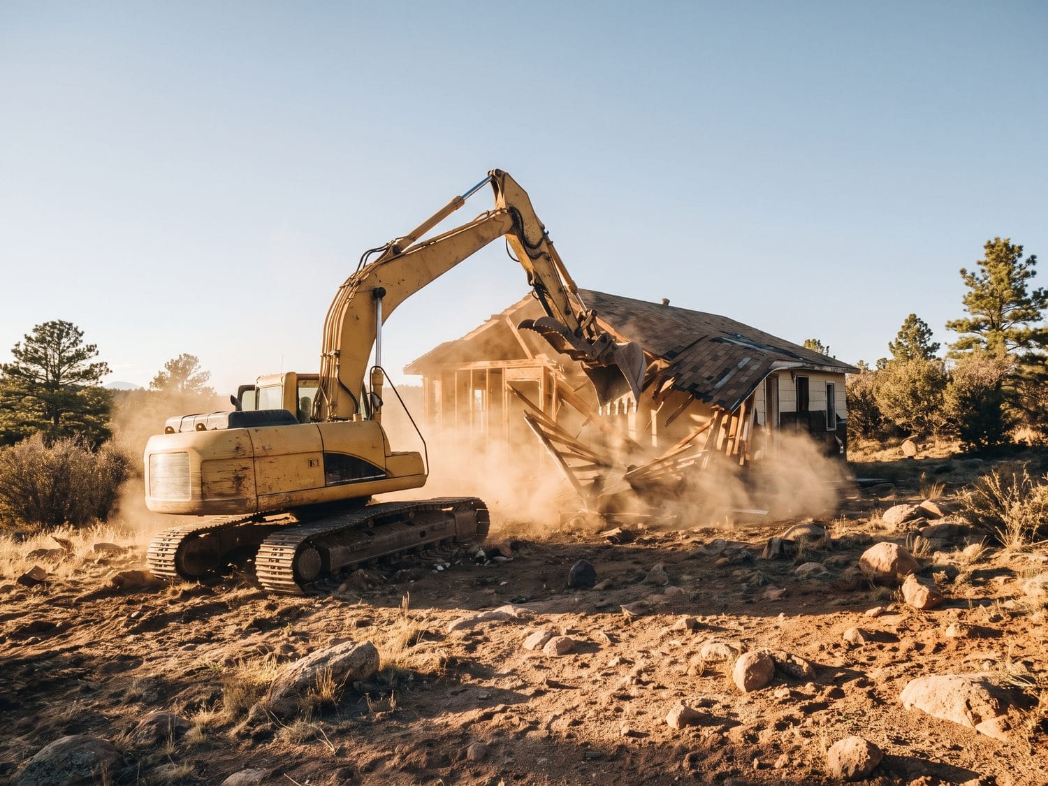 An excavator taking down a small residential structure, dust rising in low sun