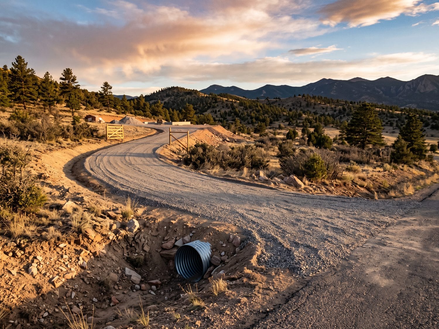 A new compacted gravel driveway curving from a country road with a culvert