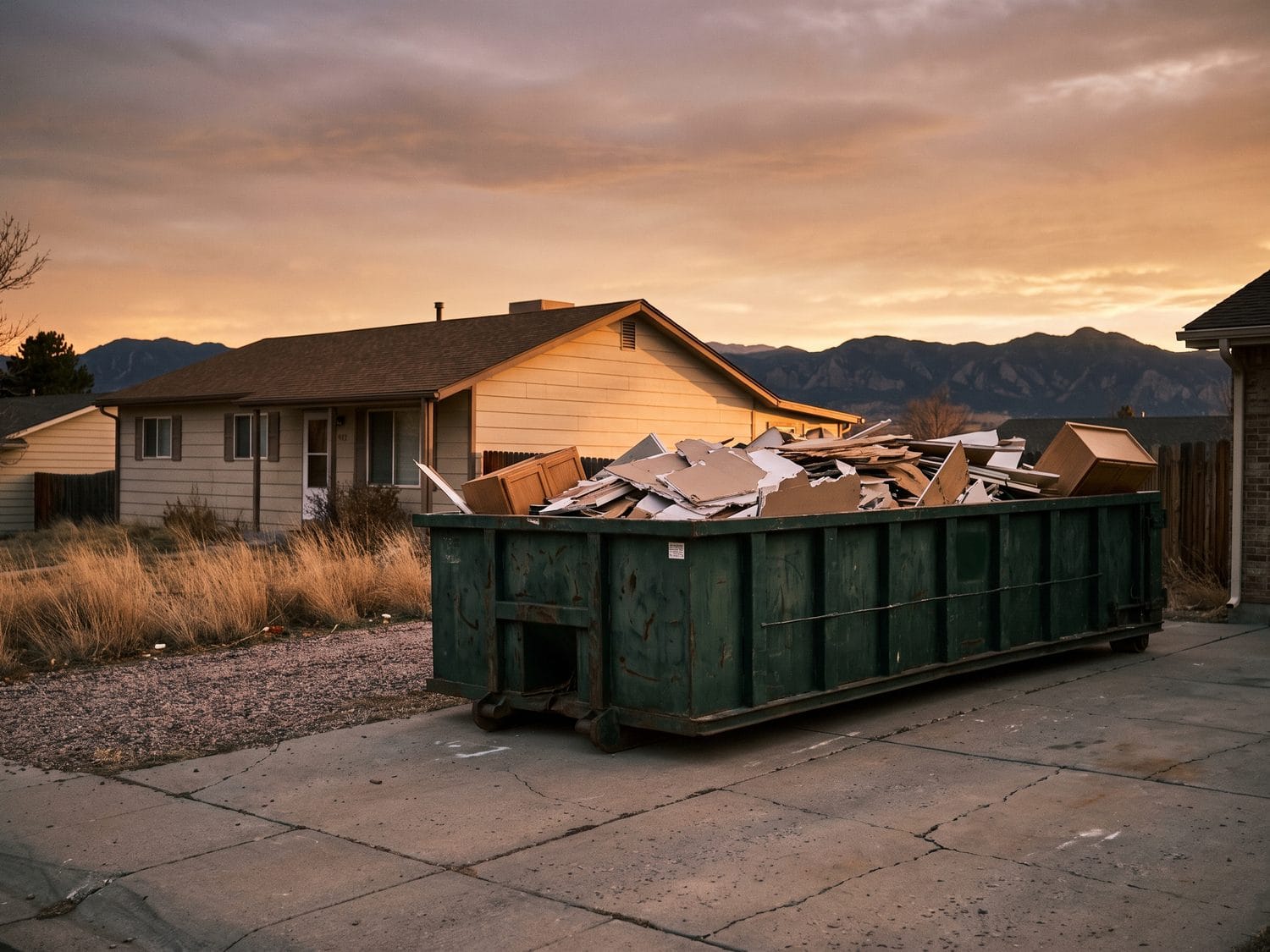 A roll-off dumpster on a residential driveway, loaded with construction debris