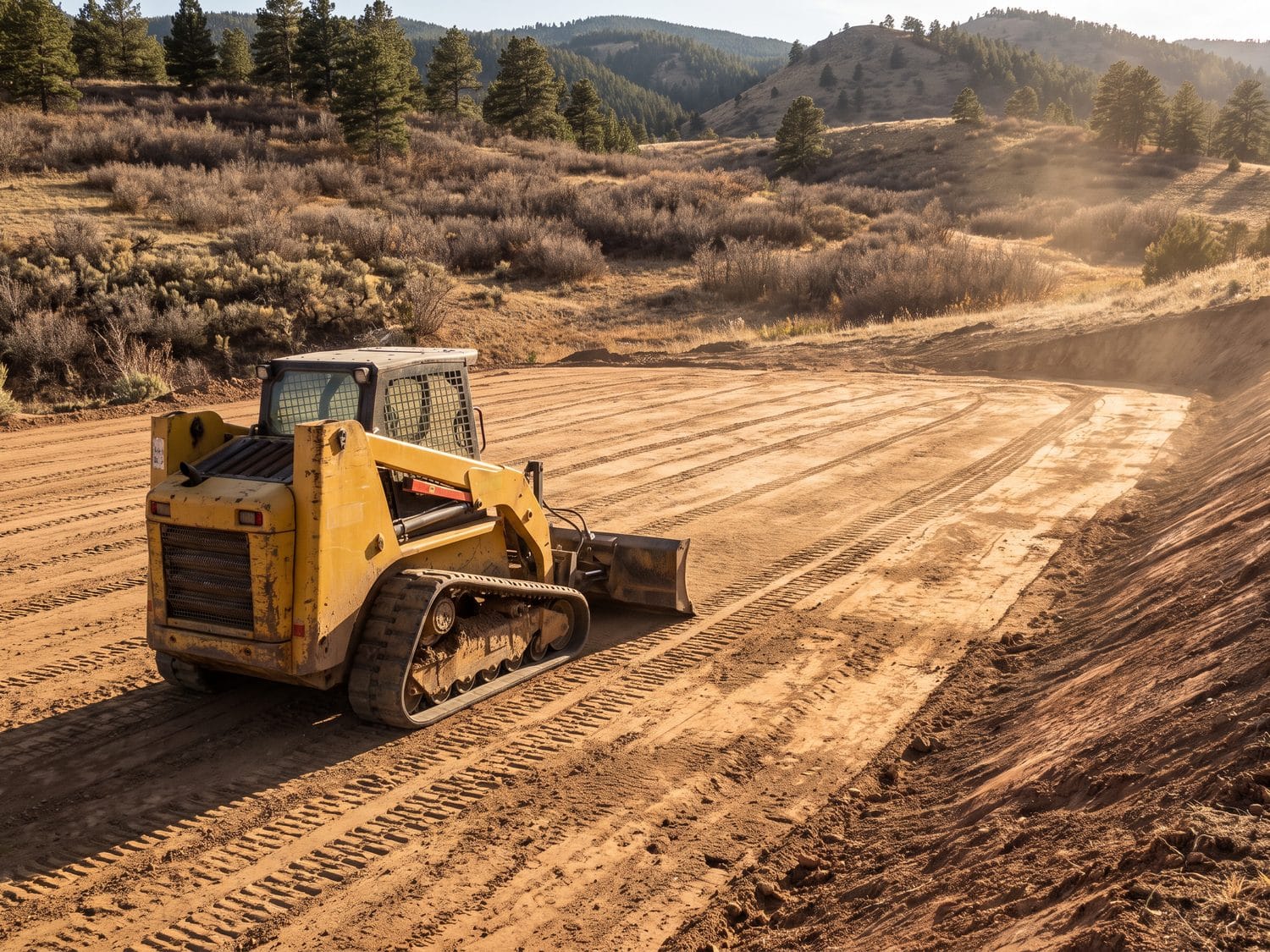A skid steer finishing a smooth graded building pad with visible blade lines
