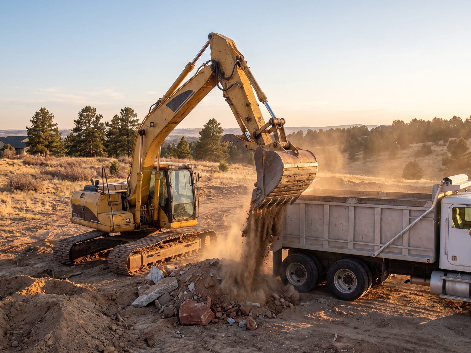 An excavator loading soil and broken concrete into a dump truck