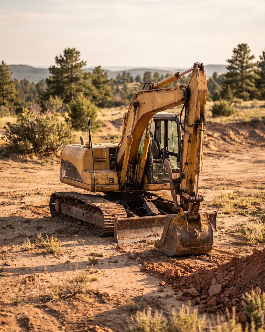 A tracked excavator parked on a Colorado jobsite at the end of the day