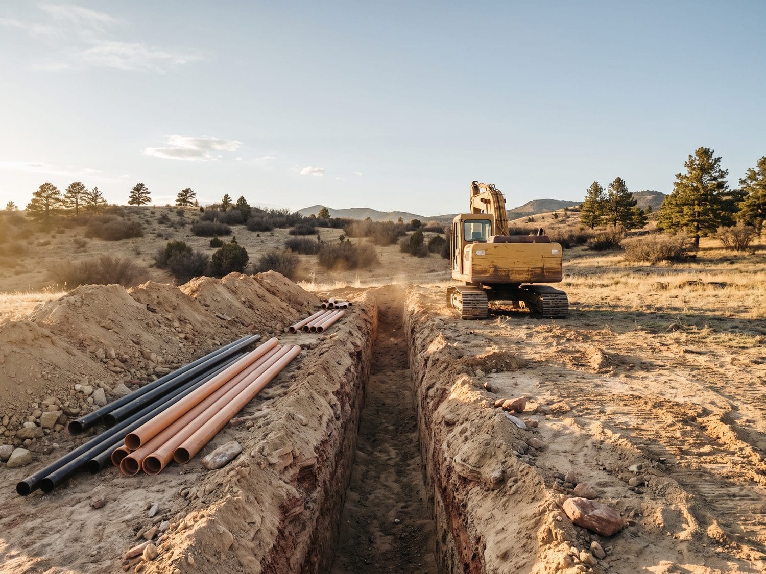 An open utility trench across a lot with new pipe staged alongside
